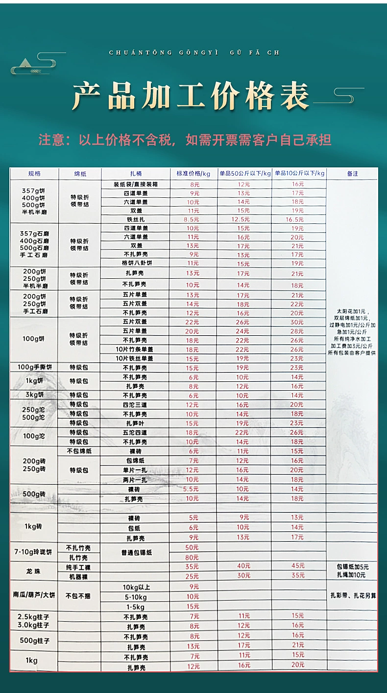 普洱茶加工價格表